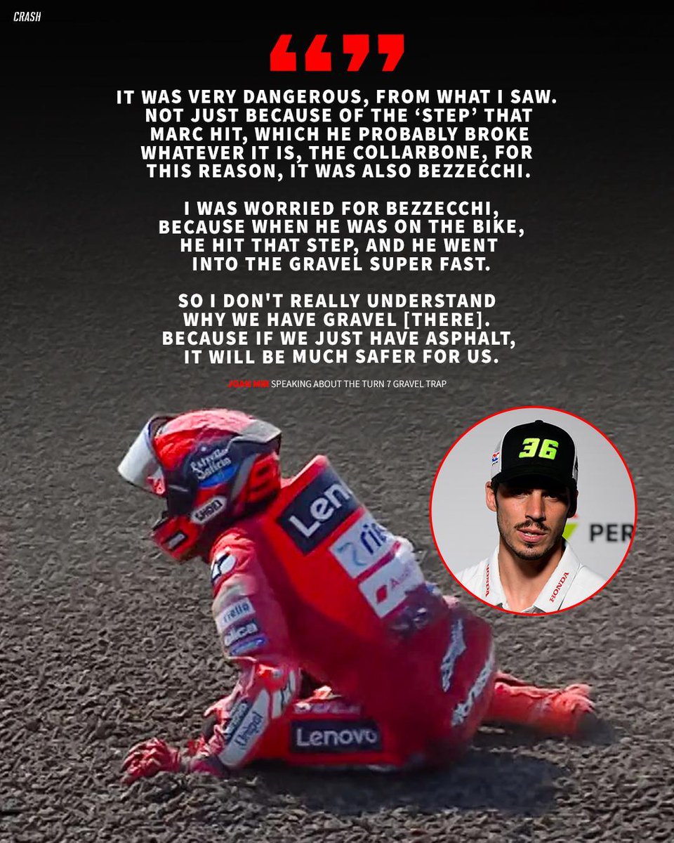 crash_motogp's tweet image. Joan Mir believes the gravel trap that Marc Marquez made impact with has caused the injury to his collarbone 🗣️

#MotoGP #IndonesianGP