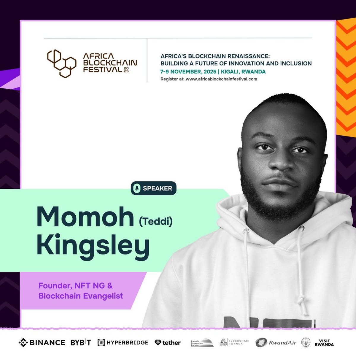 We’re proud to announce Momoh Kingsley (<a href="/teddi_speaks/">King.sol 🇶🇦</a>) as a speaker at #ABF2025 🇷🇼

Founder of <a href="/NFT__NG/">NFTNG</a> and one of Africa’s leading blockchain evangelists,

Teddi has been at the forefront of Nigeria’s NFT and Web3 movement.