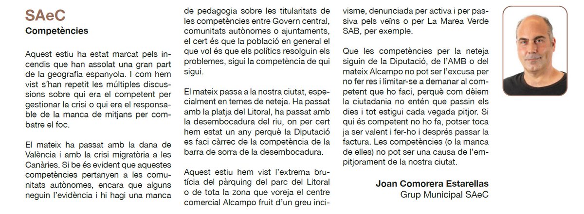 ☝️ Aqui us deixem l'article publicat al Viure pel nostre regidor Joan Comorera. "... Que les competències per la neteja siguin de la Diputació, de l'AMB o del mateix Alcampo no pot ser l'excusa per no fer res..."