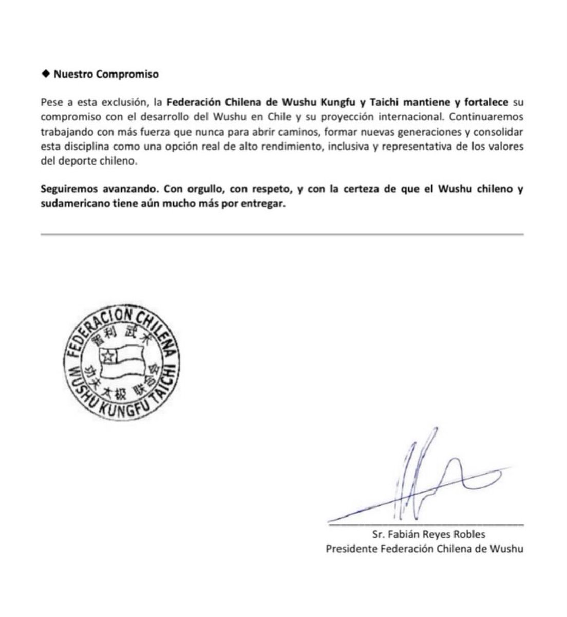 Lamentamos informar que a pesar de nuestro esfuerzo, el Comité Olímpico de Chile ha decidido NO incluir atletas de wushu en la delegación oficial que competirá en los
JJBB 2025.
<a href="/TeamChile_COCH/">Team Chile</a> <a href="/INDChileOficial/">IND Chile 🇨🇱</a> <a href="/IWUFOfficial/">IWUF Official</a> <a href="/ODEBOprensa/">ODEBO</a> 
#
federacionchilenadewushu.cl/2025/09/28/exc…