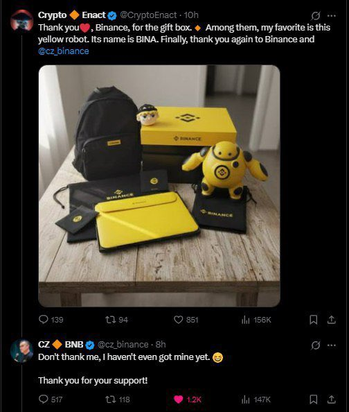 Wad3Watts's tweet photo. Hi dear @heyibinance 

please inform @cz_binance of this larper. He posted an AI edited images and lure CZ to respond, just to pump and dump later on the token. We have now formed a community for $BINA and got @binance
to look into the issue.  Please warn him to unfollow this guy @CryptoEnact

As justice has been done for $4, justice needs to be done for BINA too. Crimes should not be allowed on #Binance 

https://t.co/0oG0otadH1

Kind regards, Wade
