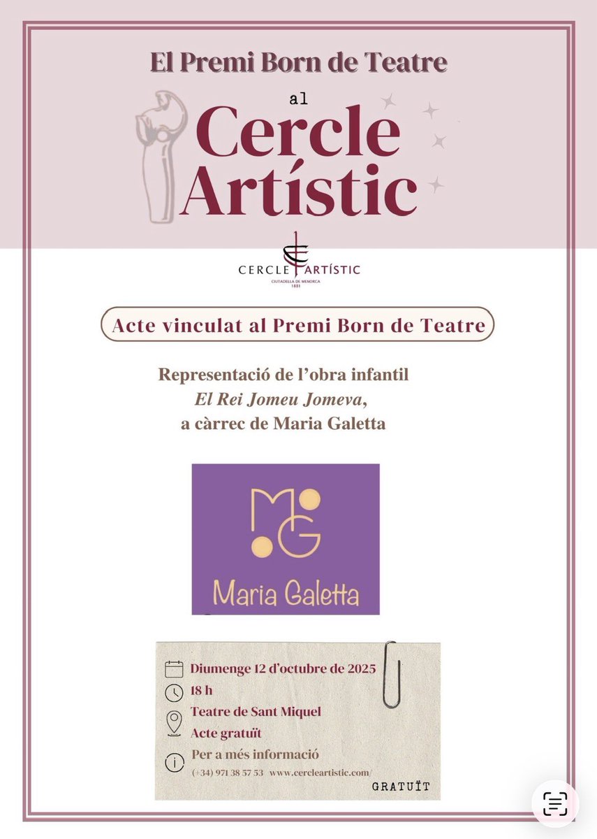 🎭En el marc dels actes del #PremiBorn d’enguany, aquest proper diumenge <a href="/mariagaletta/">maria galetta</a> representarà a Sant Miquel l’obra infantil ‘El Reí Jomeu Jomeva’.

Us hi esperam, família 🧑‍🧑‍🧒‍🧒!!