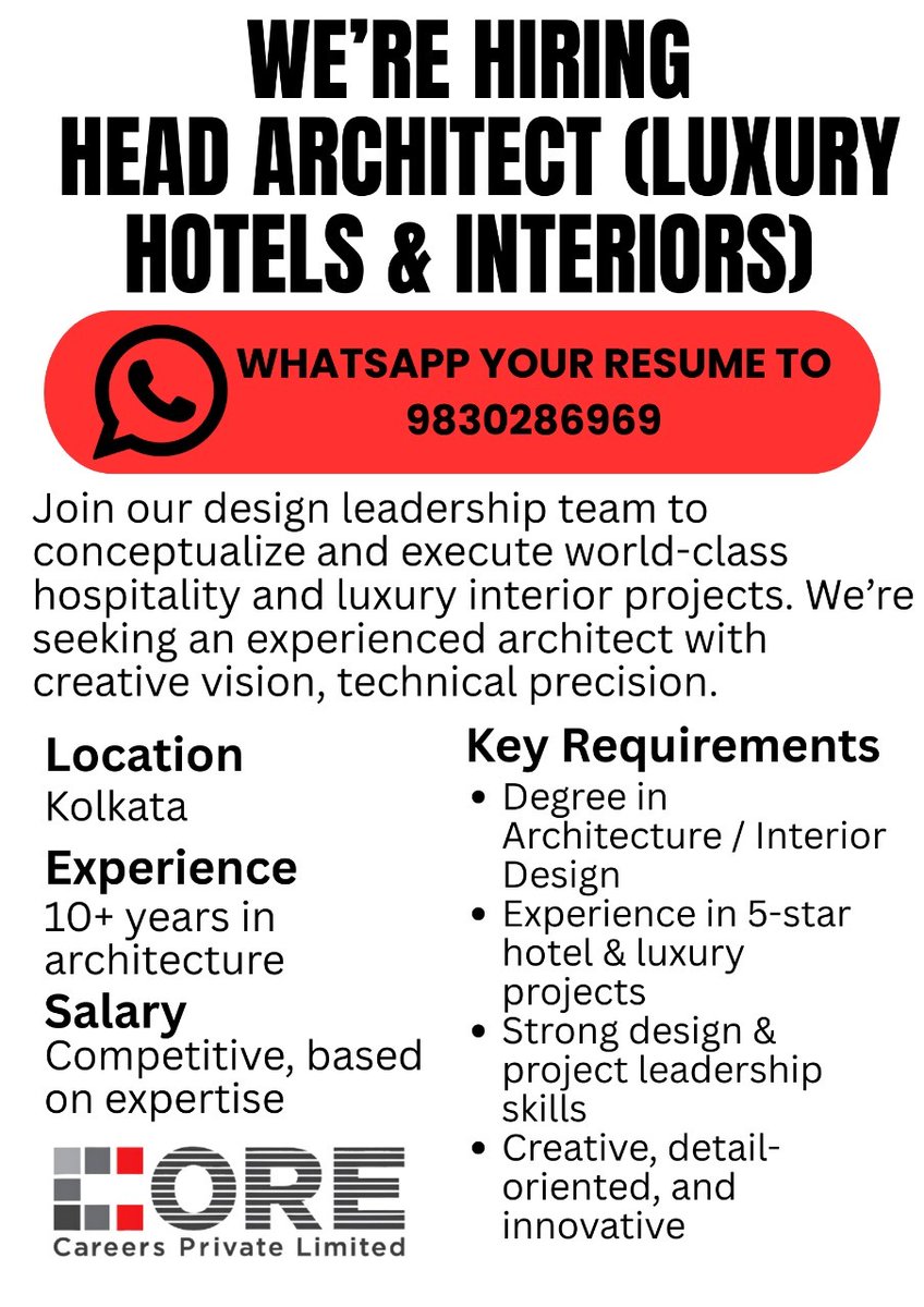 RajivCore's tweet image. Head Architect Wanted – Luxury Hotels &amp;amp; Interiors

Lead World-Class Design Projects – Apply Now

50 lacs - 2 Crores

#ArchitectJobs #LuxuryHotelDesign #InteriorArchitecture #DesignLeadership #HospitalityDesign #KolkataJobs