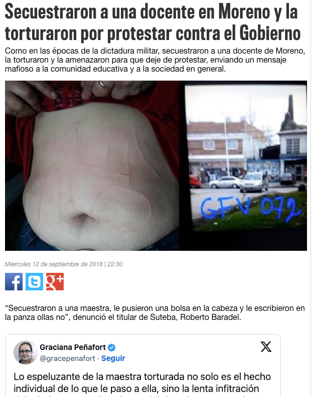 dariogallo's tweet photo. Hay que recordar que SUTEBA denunció que en tiempos de Macri habían secuestrado a una maestra de Moreno y que le habían escrito en la panza 'ollas no'. Todo el kirchnerismo salió a militar esta mentira hasta que se comprobó que la mujer se había autotajeado. https://t.co/HVzZRCrf1X