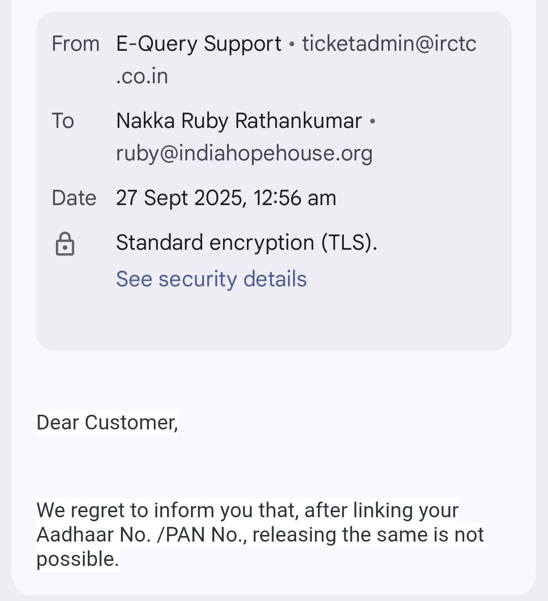 NakkaRuby's tweet photo. @OBEROI01732 Sir, I'm a VLE of CSC.  Having difficulties registering for IRCTC on Safar because I have a verified personal account.  To register for travel on Safar I need to have my personal account delinked from PAN/ Aadhar. I approached IRCTC but they said they can't do it. https://t.co/vbe6zLQWl8