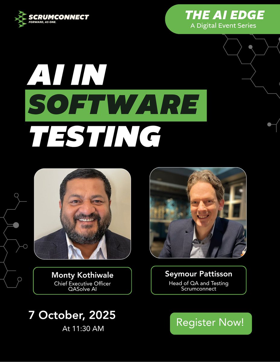 Tomorrow at 11:30 AM, join our live AI in Software Testing event! Learn how to avoid pitfalls, integrate AI in CI/CD, maintain human oversight &amp; measure ROI. 

📌 Register: linkedin.com/events/7379095… 

#AI #SoftwareTesting #TestAutomation #QA #Scrumconnect