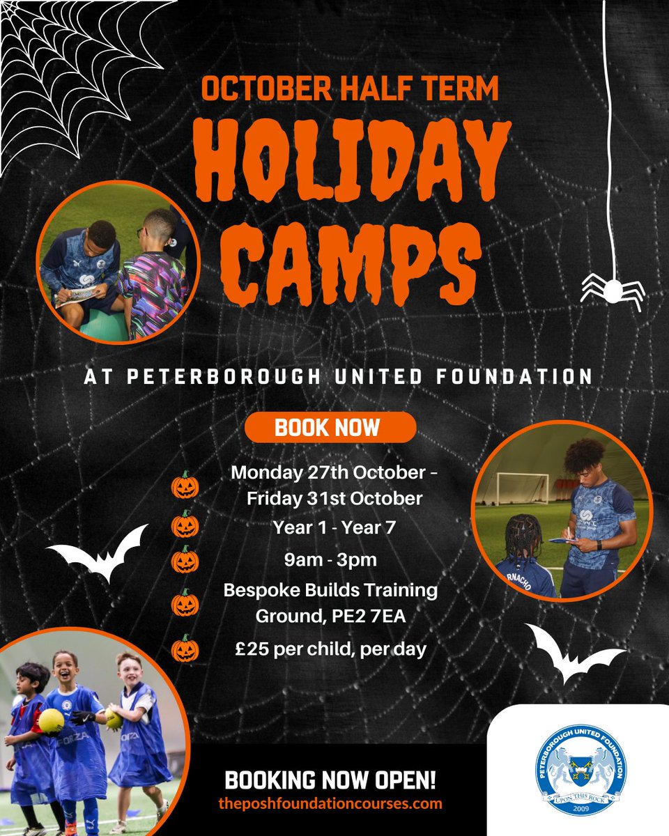 🎃 Our October Half Term Holiday Camps are available to book now! Come and join us for a week of half term footballing fun at the Bespoke Builds Training Ground!

🔗 officialsoccerschools.co.uk/peterboroughun… 

#pufc