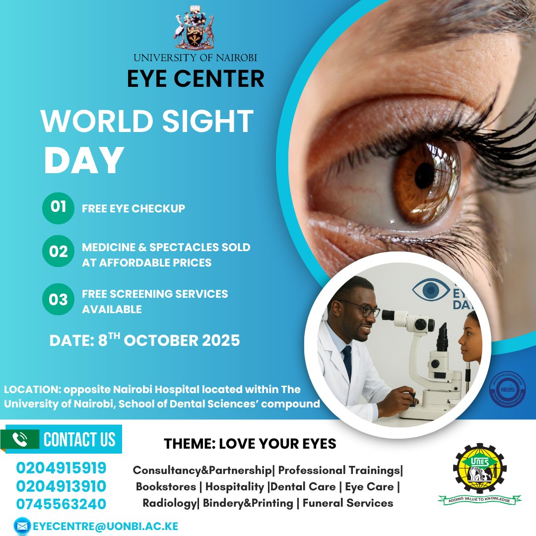 UNESLIMITED's tweet photo. Your vision is priceless. Your eye checkup doesn't have to be. At UoN Eye Centre we care about your Eye Health and on this year's World Sight Day on 8th OCT 2025 we shall offer free screening to all staff and students of the University of Nairobi.
#FreeEyeCheckup #WorldSightDay https://t.co/tEpUYz9FfV