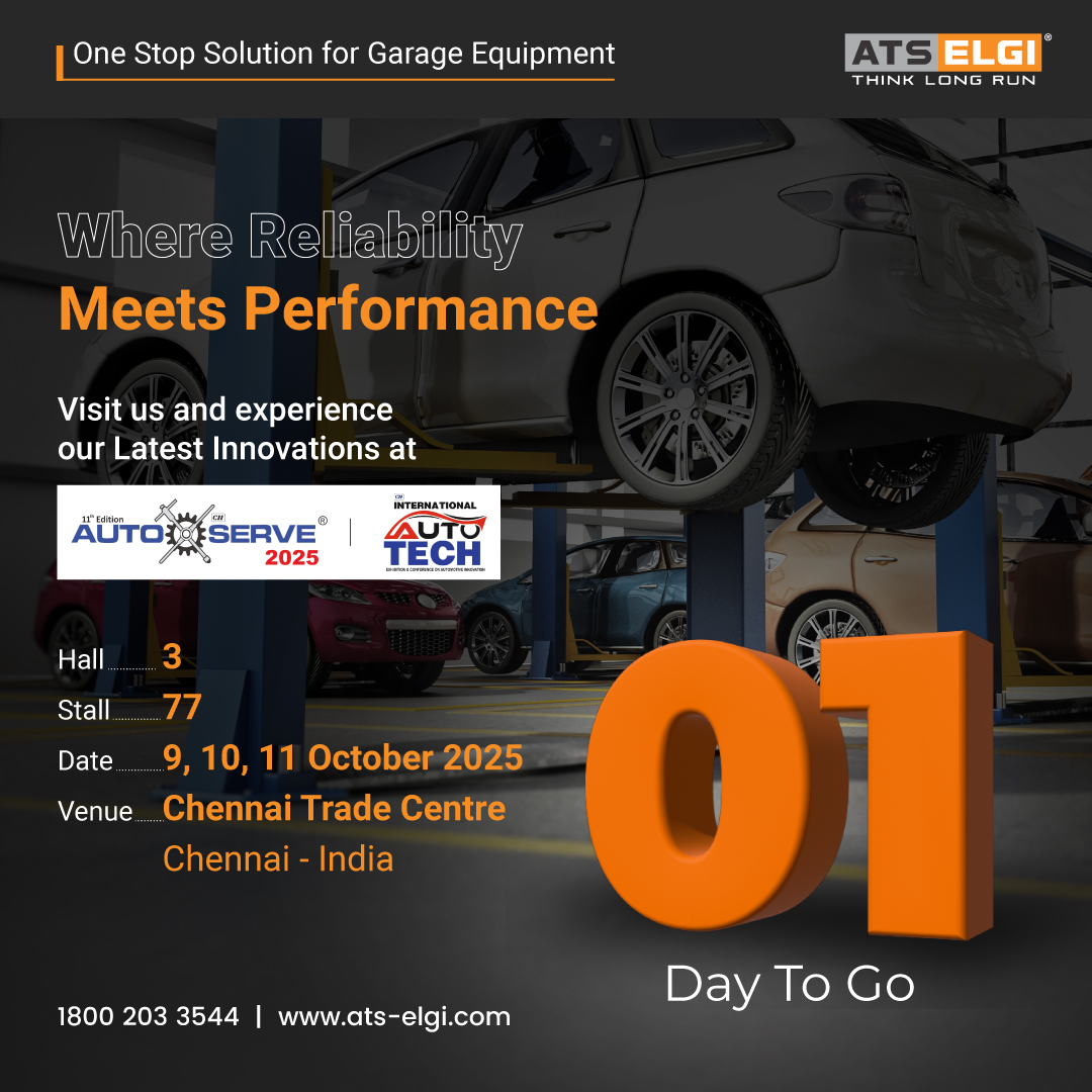 AtsElgiLtd's tweet photo. Just a Day to Go!
We are delighted to invite you to join #ATSELGI at Auto Serve Expo 2025.
9th – 11th October 2025
Hall 3 | Stall 77
Venue: Chennai Trade Centre
Discover our wide range of innovative garage equipment solutions and connect with our team.
#AutoServeExpo2025 https://t.co/51RYwpexkl