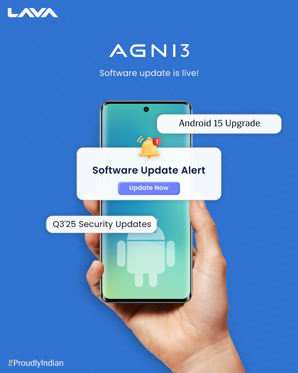 LavaMobile's tweet image. Update No. 241
Lava Software Update

Android 15 Upgrade is now live for Agni 3!
Includes the Q3’25 Security Updates for enhanced performance, stability, and security.

To Download: Settings &amp;gt; System &amp;gt; System Update