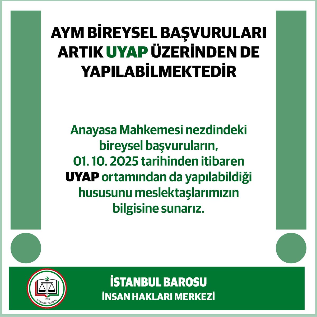 istbaroihm's tweet photo. AYM BİREYSEL BAŞVURULARI ARTIK UYAP ÜZERİNDEN DE YAPILABİLMEKTEDİR

Anayasa Mahkemesi nezdindeki bireysel başvuruların 01.10.2025 tarihinden itibaren UYAP ortamından da yapılabildiği hususunu meslektaşlarımızın bilgisine sunarız. https://t.co/djiaYdoiH7