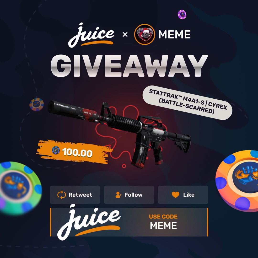 memegambles's tweet image. 🧃 New partnership with @juicedotgg means a nice 100 chips giveaway!
To participate:
↪️ Follow @memegambles & @juicedotgg
🔁 Like & Retweet
👥 Tag a Friend
🏆 We also have a 2500 Bi-weekly Leaderboard LIVE!
➡️ Join using code 'MEME' or juice.gg/r/MEME
⏰ Rolled in 7d!