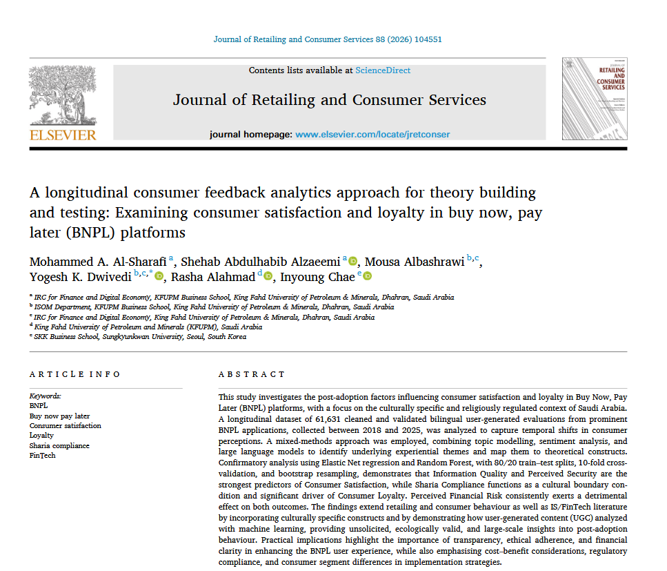 alsharafi4m's tweet photo. Excited to share our latest publication in the Journal of Retailing and Consumer Services, published by @ElsevierConnect.
Indexed in ISI WoS (IF 13.1), ABDC, and Scopus (SJR Q1).
Grateful to Prof. @YogiD15 and my co-authors for their collaboration.
📄 https://t.co/wAf4vSVaa0 https://t.co/5bwtln4BsC