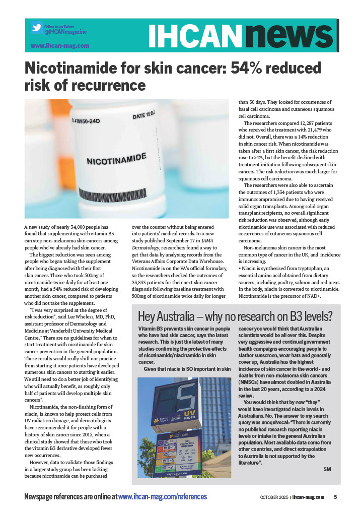 A new study of nearly 34,000 people has found that supplementing with vitamin B3 can stop non-melanoma skin cancers among people who’ve already had skin cancer.

Read the full article in our October issue, out now.