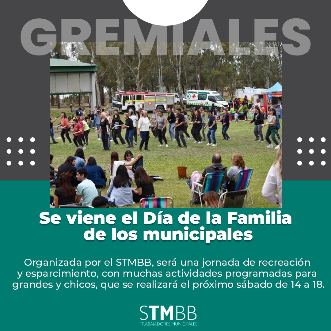 💡 #NoticiasGremiales

✍️ Se viene el Día de la Familia de los municipales

Organizada por el STMBB, será una jornada de recreación y esparcimiento, con muchas actividades programadas para grandes y chicos, que se realizará el próximo sábado de 14 a 18.