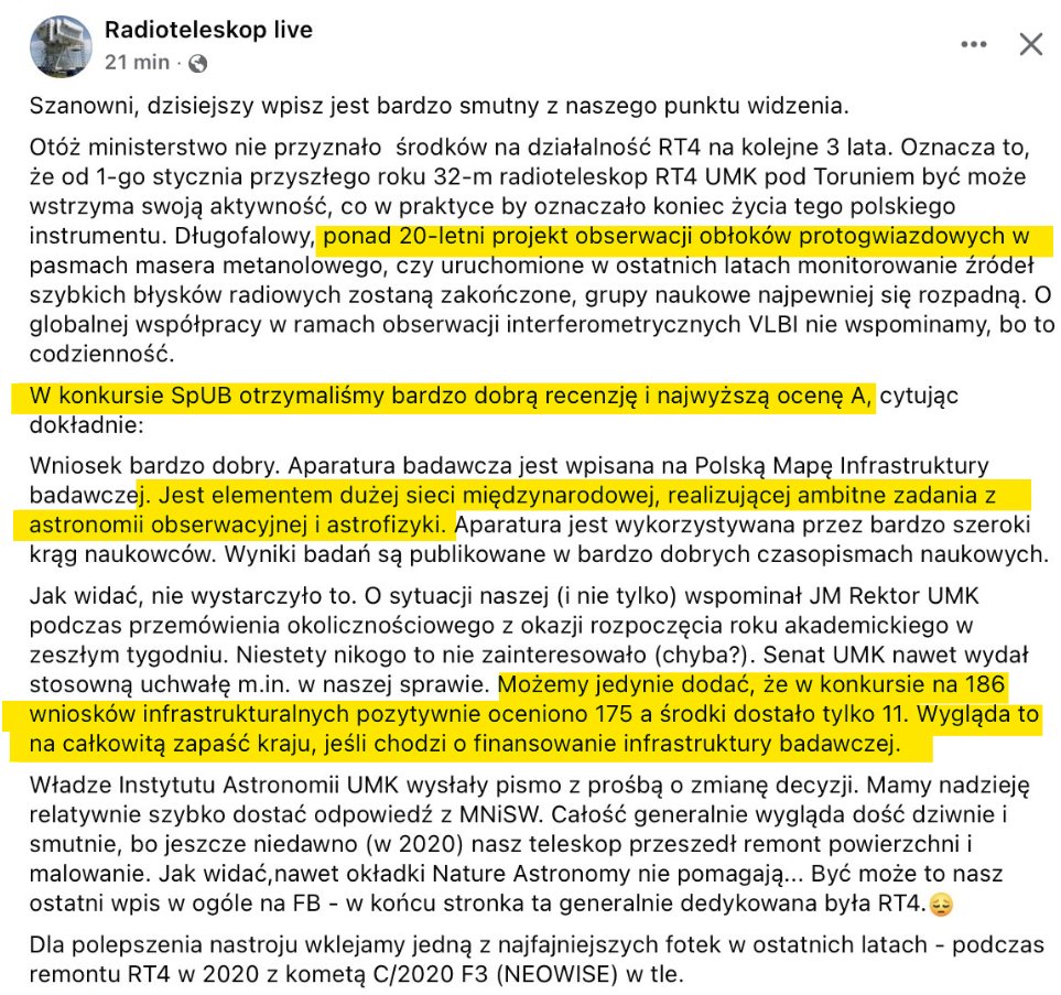 "Wygląda to na całkowitą zapaść kraju jeśli chodzi o finansowanie infrastruktury badawczej". 

Kolejny październik i kolejny rok z rzędu dowiemy się, na jakie długoletnie projekty badawcze rząd nie znajdzie pieniędzy. Pamiętacie? W ubiegłym roku była to m.in.