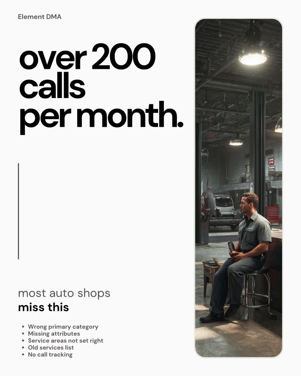 ElementDMA's tweet image. Want 200+ more calls a month for your auto shop? Check your Google Business Profile:

- Fix category
- Add attributes
- Set service areas
- Update services
- Track calls

Shops that keep GBP tuned get more jobs. Ignore it &amp;amp; you’re leaving money on the floor.