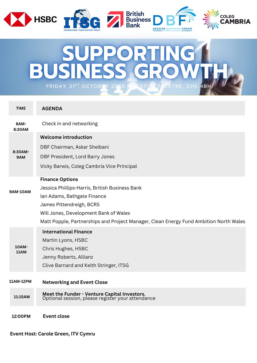 🎉 Over 150 tickets registered for our Finance Event 2025!

This half-day conference brings together leading experts from across the finance sector.

Register: lnkd.in/eegKjxse

#DBF #BusinessFinance #HSBC #DevelopmentBankofWales #BritishBusinessBank