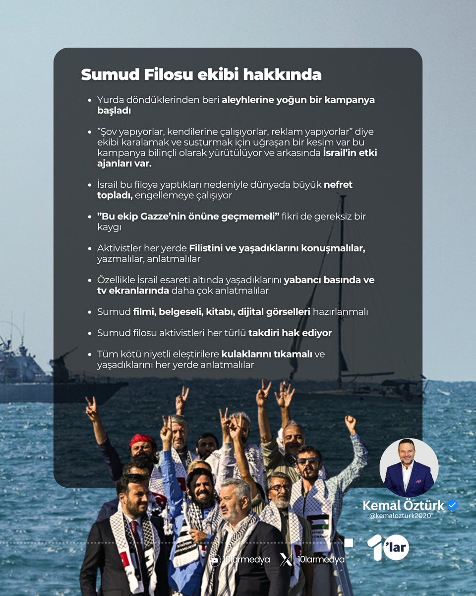 "Yurda döndüklerinden beri aleyhlerine yoğun bir kampanya başladı.

Bu ekip Gazze’nin önüne geçmemeli” fikri gereksiz bir kaygı.

Aktivistler her yerde Filistini ve yaşadıklarını konuşmalılar, yazmalılar, anlatmalılar."

[<a href="/kemalozturk2020/">Kemal Öztürk</a>]