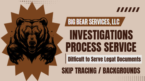 BradThomsen's tweet image. ◼ Avoiding or Evading Service? Difficult to Serve Legal Documents? Call Big Bear Services today! ◼
#PrivateInvestigator #ProcessServer #SkipTracing #BackgroundChecks #Protection
Big Bear Services, LLC | Private Investigative Agency
big-bear-services.com