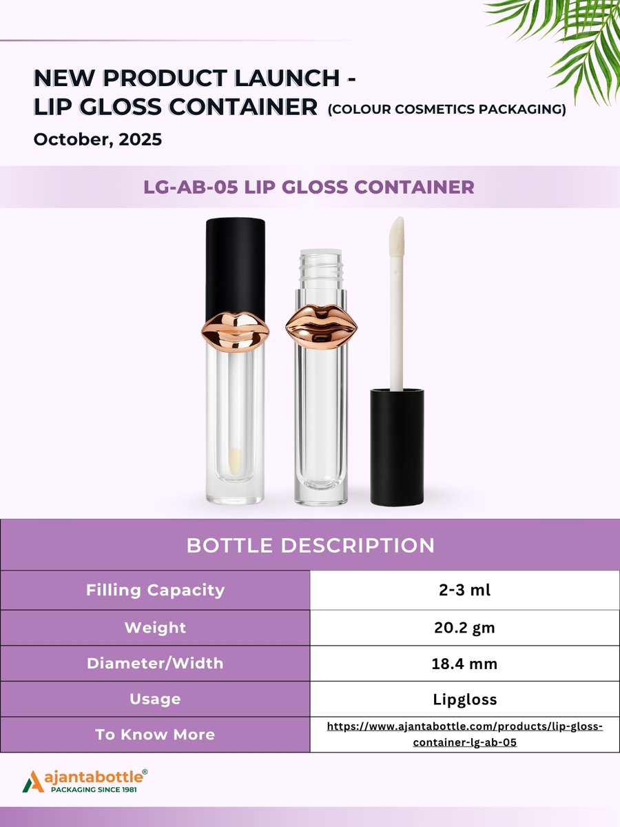 AjantaBottle's tweet image. New Launch for October 2025 💄✨ 
 
Introducing our Lip Gloss Container Collection, designed for colour cosmetic brands that blend style with performance.
 
Explore the complete color cosmetics packaging range now : ajantabottle.com/categories/col…
.
.
.
#NewLaunch #ColorCosmetics