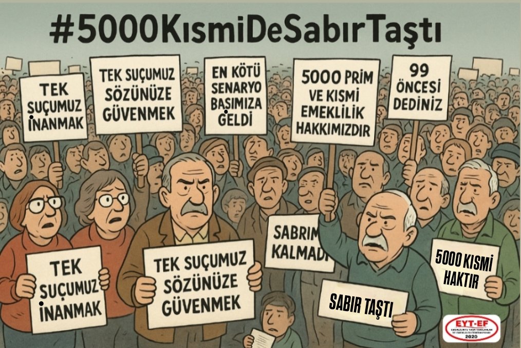 SamsunEytEf's tweet photo. 5000 Prim ve Kısmi Emeklilik mağdurları;

Hak ettiği Emeklilik hayatı yerine,

Borçlarla boğuşmaktan,
Sefalet içinde yaşamaktan bıktı !

Sabırlar taştı !

5000 Kısmi HAKtır.
Yeni bir YASA şarttır.

@Akparti
@RTErdogan
@isikhanvedat

#5000KısmideSabırTaştı
#EmekliBıktıSabırTaştı https://t.co/nJbIaD1oH5
