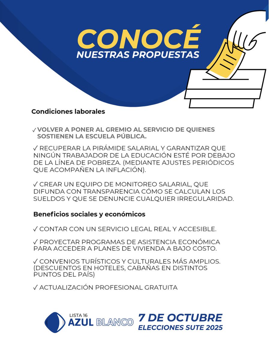 Azulblanco_mza's tweet photo. 🗳️ Elecciones SUTE 2025
📅 7 de octubre
💡 Nuestras propuestas:

✔️ Salud y bienestar
✔️ Condiciones laborales dignas
✔️ Beneficios sociales y económicos
✔️ Transparencia gremial

Este 7 de octubre, sumá tu voto 🗳

#AzulBlanco #SUTE2025 https://t.co/xAbn376ZWR