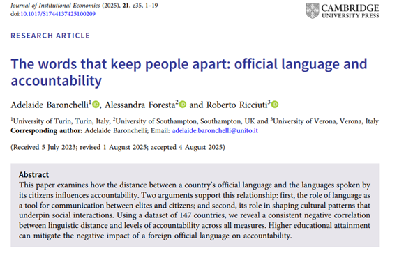 UoS_Economics's tweet photo. Check out the latest work by our colleague @a_foresta (together with @AdeBaronchelli and Roberto Ricciuti) on the relationship between languages and accountability, published in Journal of Institutional Economics (@JoIEBlog1) #econresearch #econtwitter 
https://t.co/vuhSvRcb37 https://t.co/VPKOnLG4r5