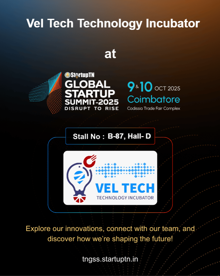 TBI_Veltech's tweet photo. Exciting news!
@TBI_Veltech  is participating in the Tamil Nadu Global Startup Summit 2025 at Coimbatore.
📅 Oct 9–10, 2025|📍Codissia Trade Fair Complex |Stall B-87, Hall D
Meet our team, discover startups &amp; join us in powering the TN startup ecosystem!🚀
#TNGSS2025 #VelTechTBI https://t.co/TYaMGiI5kA