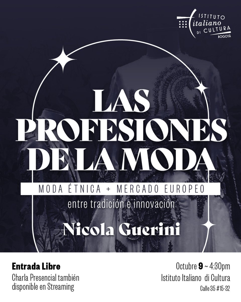 iifm_milano's tweet image. 📅 SAVE THE DATE: October 9th, 4:30 PM CET!
IIFM invites you to the MasterClass with Dean Nicola Guerini at the Italian Institute of Culture Bogotá.
Join in person or online! 🌍
💌 Send us a DM to get the connection link!
#IIFM #FashionEducation #MasterClass #FashionProfessions