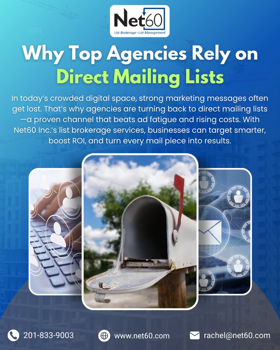 net60inc's tweet image. In a world full of digital noise, direct mail still delivers results that stand out.
📬 With Net60’s targeted mailing lists, agencies reach the right decision-makers, cut ad fatigue, and maximize ROI.

🌐 net60.com

#DirectMailMarketing #MailingLists #B2BMarketing