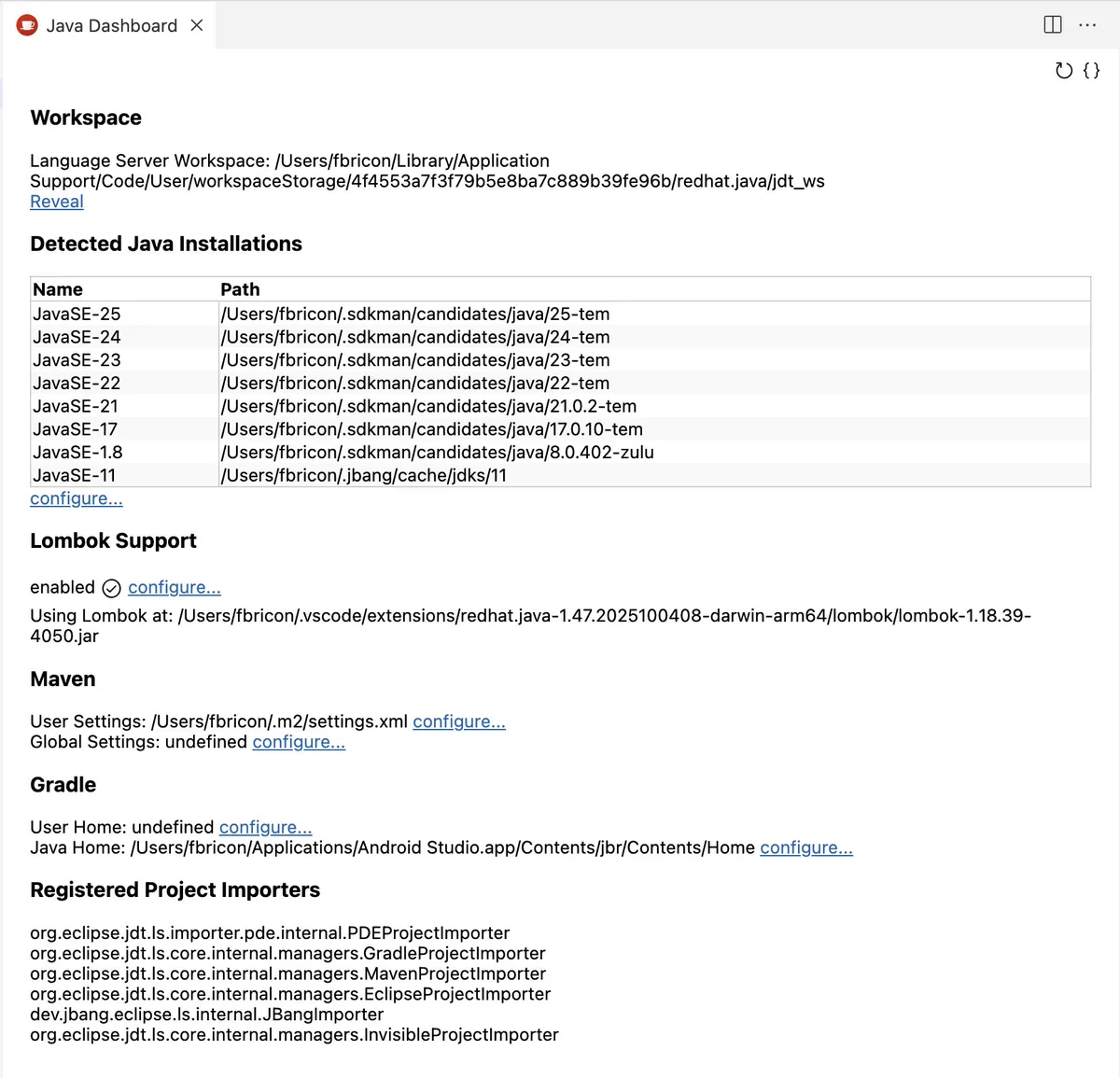 New "Java: Open Dashboard" command, to help troubleshoot issues