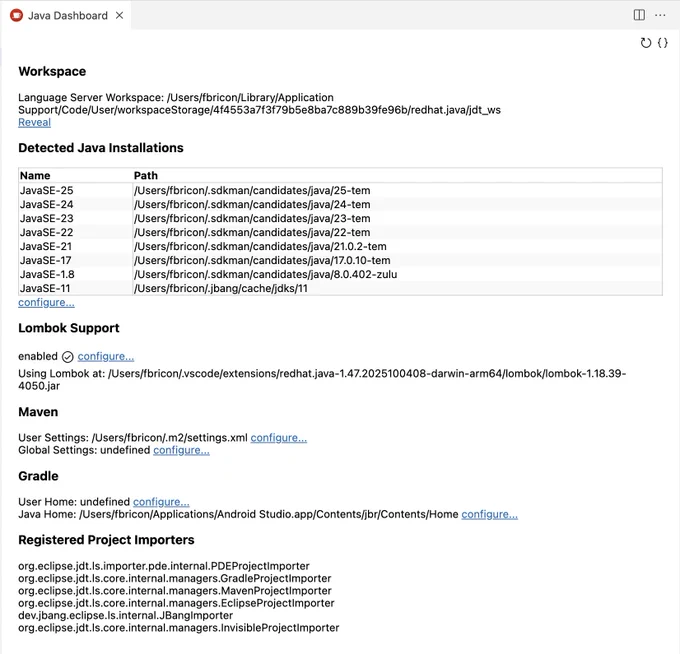 New "Java: Open Dashboard" command, to help troubleshoot issues