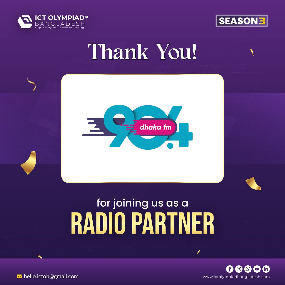 ictolympiadbd's tweet image. We’re delighted to welcome Dhaka FM 90.4 as our
𝐑𝐚𝐝𝐢𝐨 𝐏𝐚𝐫𝐭𝐧𝐞𝐫 for ICT Olympiad Bangladesh – Season 3!

Their partnership will help us reach and inspire young minds nationwide, spreading the spirit of technology, innovation, and digital excellence.