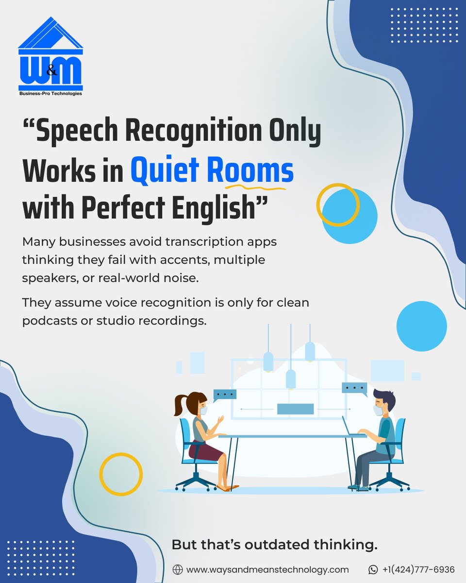 WMTechnology's tweet image. Myth: Speech-to-text fails in noisy places.
Reality: Our apps handle accents, noise, and real-world audio.
Custom transcription that adapts.
+1 (424) 777-6936 | waysandmeanstechnology.com
#SpeechToText #AIApps #WMTechnology