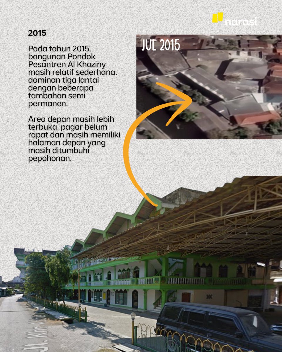 NarasiNewsroom's tweet photo. Dari Google Street View dan Earth, jejak bangunan Ponpes Al Khoziny bisa ditelusuri: 2015 masih sederhana, 2019 mulai bertambah lantai, 2021 makin menjulang, hingga 2024 makin padat. 

Akhirnya pada 29 September 2025, gedung itu ambruk. 163 orang santri jadi korban, 104 selamat, dan 59 meninggal dunia hingga Senin sore (6/10). 

Pertanyaannya, bagaimana mungkin gedung sebesar itu berdiri tanpa izin (IMB), hingga akhirnya merenggut puluhan nyawa santri?

| Narasi Daily