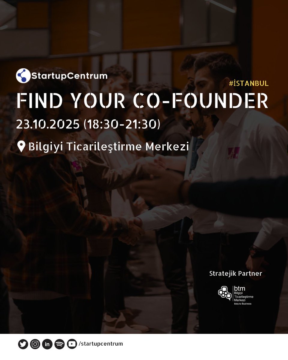 StartupCentrum Find Your Co-Founder Ekim Buluşması Yaklaşıyor ⏳

Katılım Ücretsiz! Sınırlı yerimiz olduğu için hemen kaydolmayı unutmayın!

🔗 Kayıt Formu: luma.com/kivg2dbn