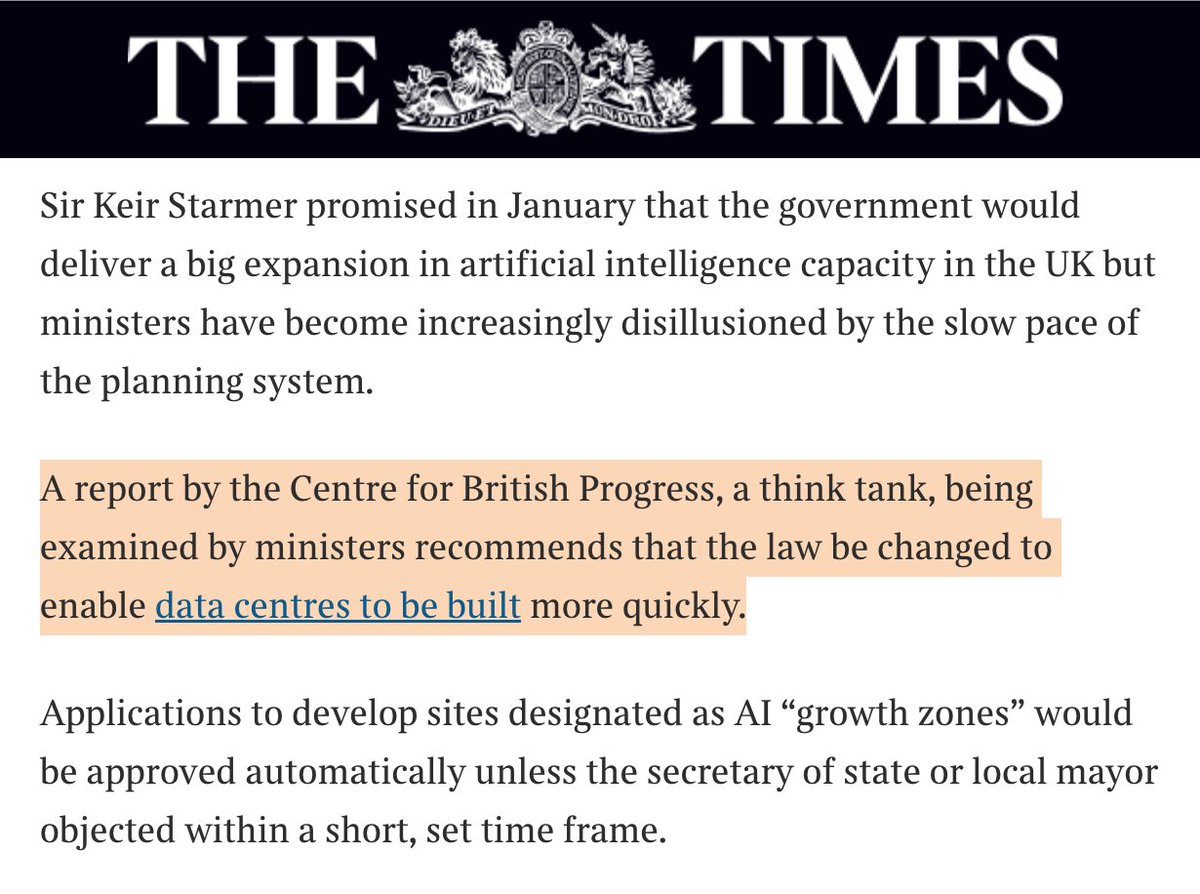 What’s the biggest threat to building AI in Britain?

Turns out it’s our planning system

We're in a global race, but we've made it almost impossible to build

Our NEW REPORT for @britishprogress (in <a href="/thetimes/">The Times and The Sunday Times</a> w/ <a href="/MaxKendix/">Max Kendix</a>) is a plan to build quickly whilst protecting nature 🧵