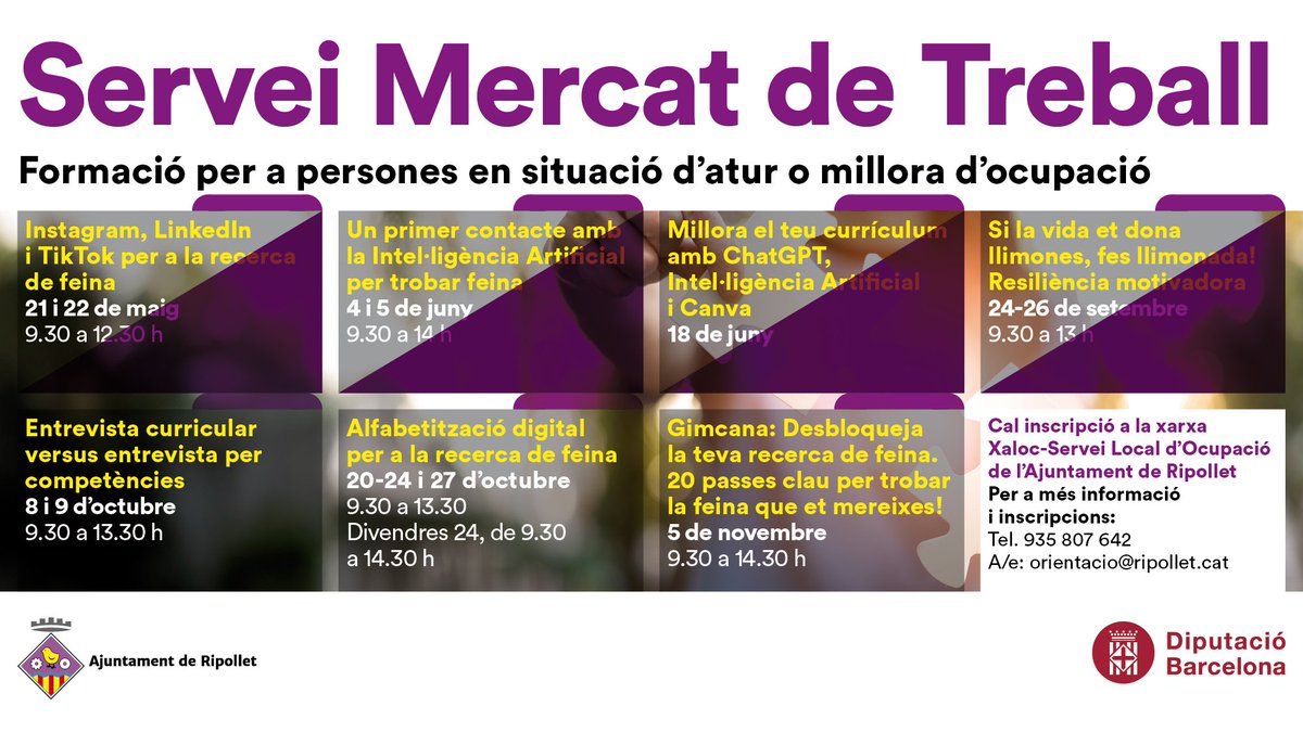 Oberta la preinscripció al curs "Entrevista curricular versus entrevista per competències" en el marc del Recull d’activitats del SLO de #Ripollet.

📅8 i 9/10
⏰09:30 h-13:30 h
🔗Preinscripcions: ripollet.cat/serveis/ripoll…

✅Formacions gratuïtes amb el suport de la @dibacat
