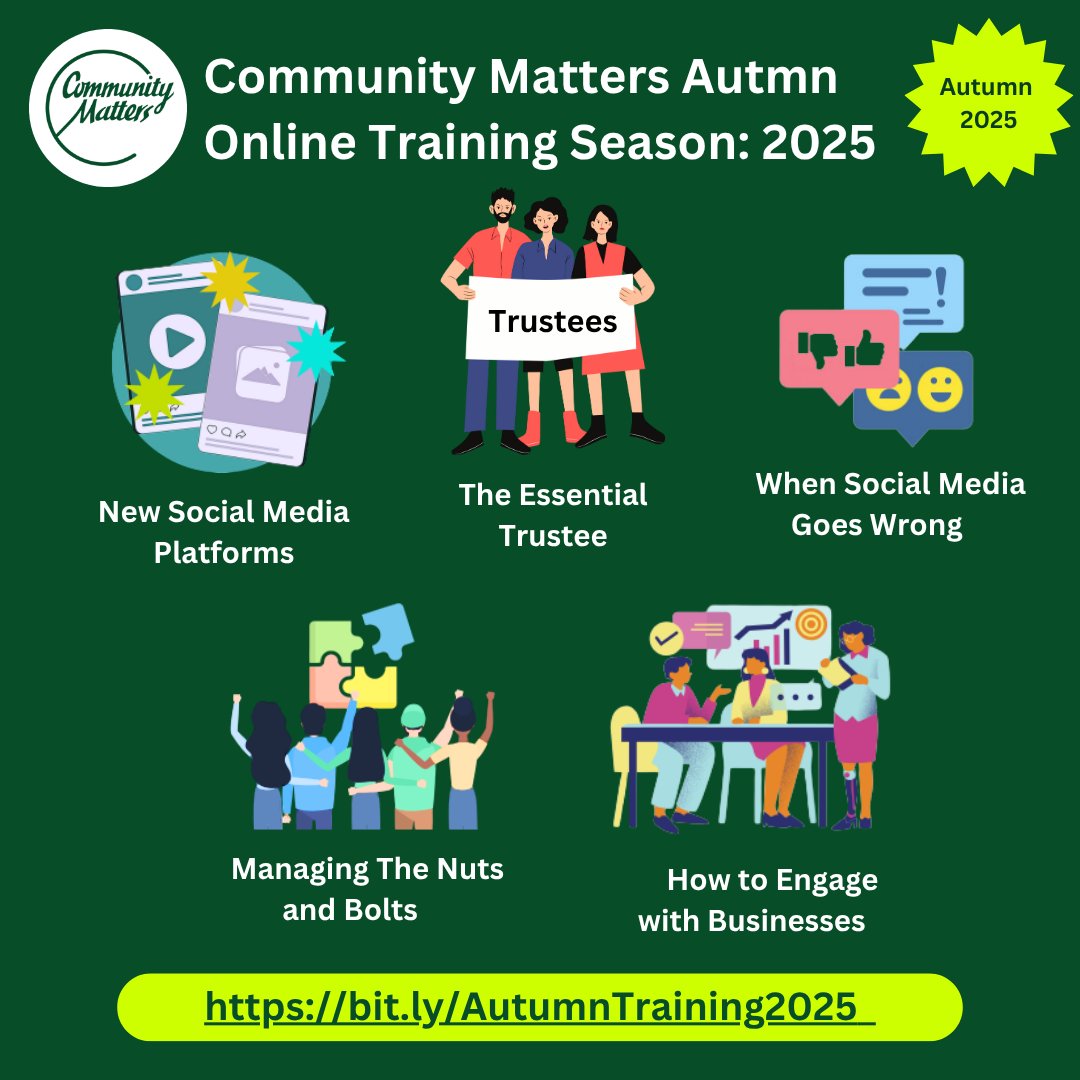 The next session of our online Autumn Training Season is on 20th Oct and is: New Social Media Platforms. For a full list and to book click on the link in ourhttps://bit.ly/AutumnTraining2025 

#TrainingCM
