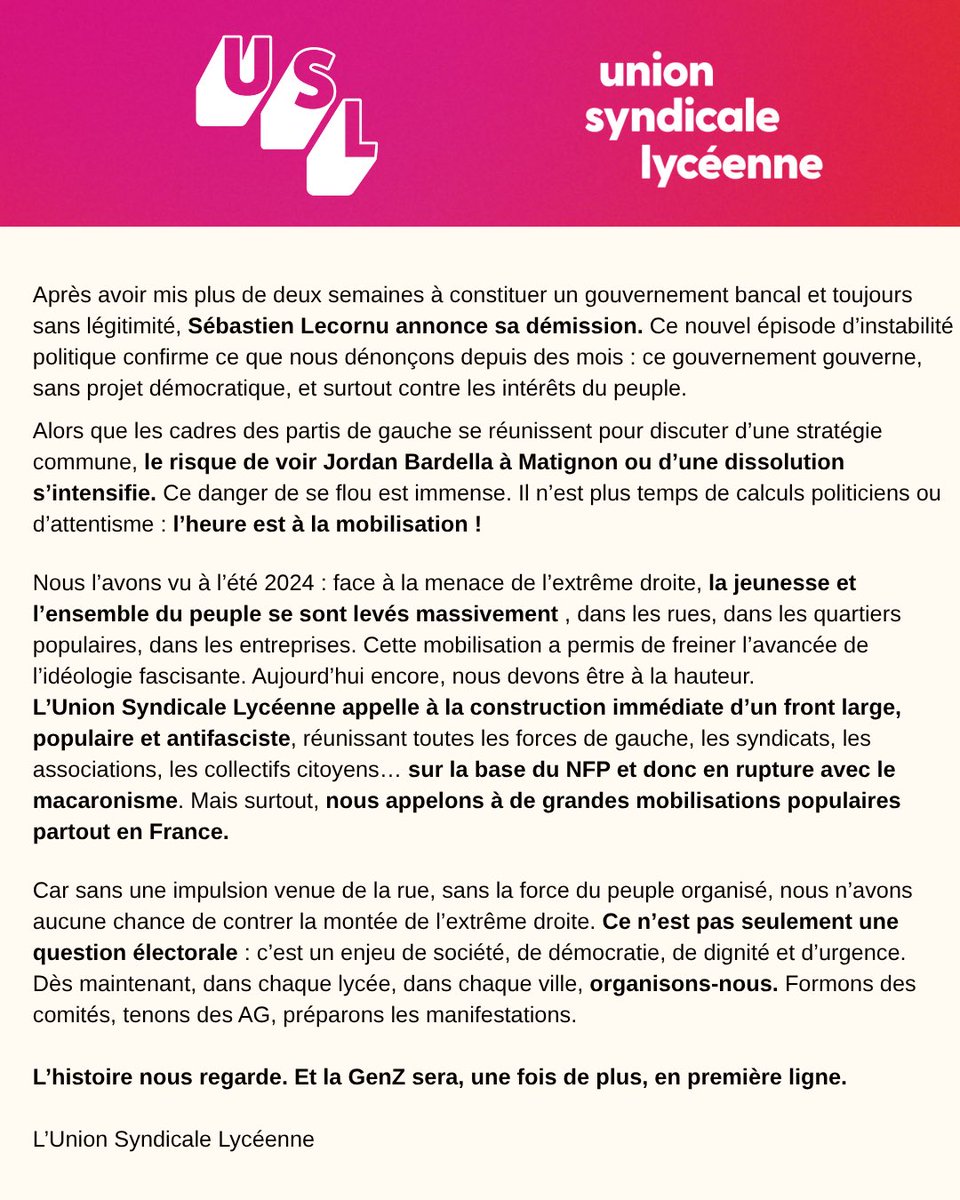 Communiqué de presse du 06/10/2025 de l’Union Syndicale Lycéenne 

#GENZ