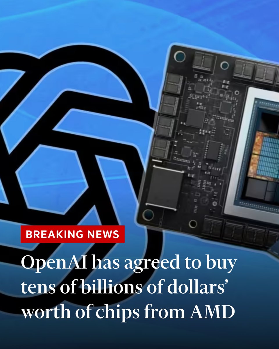 FT's tweet image. Breaking news: The San Francisco-based artificial intelligence start-up said on Monday it had agreed to purchase processors with a total power consumption of 6 gigawatts, roughly equivalent to Singapore’s average demand. on.ft.com/4obXW6J
