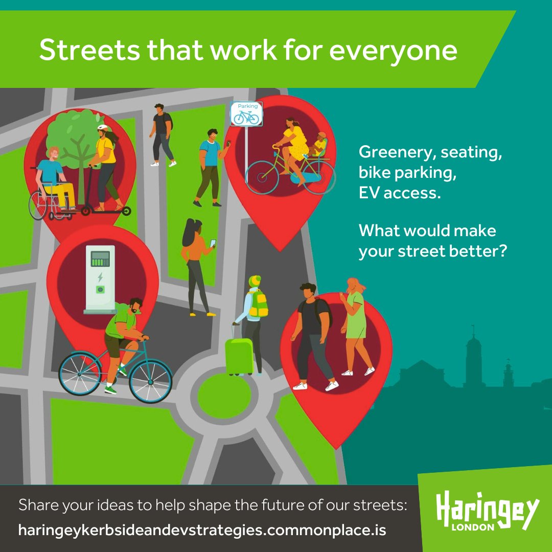 We are looking at how space by the pavement is used in #Haringey, and where electric vehicle chargers should go.

🌳 Would you like more trees? 
🚲 Easier places to park your bike?
🤝 Somewhere to sit and meet friends? 

💬 Share your ideas by 16 November: bit.ly/4nIF3IK