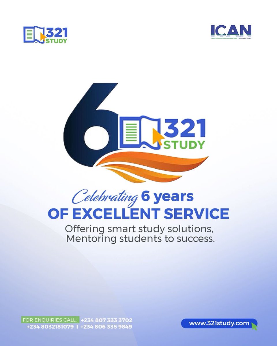 321Study's tweet photo. Celebrating 6 Years of 321STUDY Excellence!

Since 2019, 321STUDY has been a leading ICAN ed-tech platform in Nigeria, offering smart study solutions powered by cutting-edge technology. With top-tier tutors and expert support, we’ve helped over 1,000 students pass their ICAN https://t.co/5d0T3utIv9