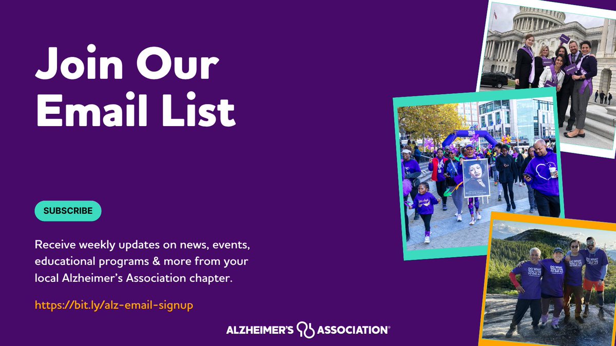 Stay connected with us! Our weekly email updates bring you the latest community events, educational programs, and local Alzheimer’s news—all in one place. Sign up: bit.ly/alz-email-sign… #EndALZ #AlzheimersAwareness #DementiaSupport