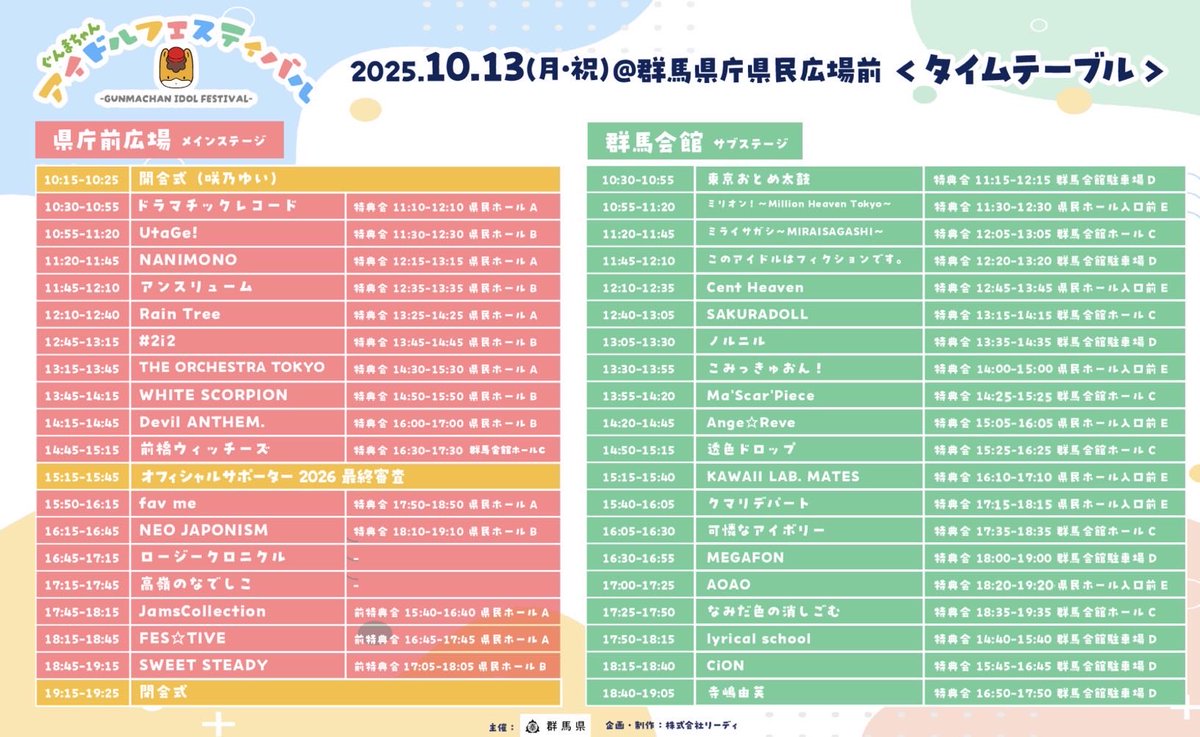 KAWAII__LAB's tweet image. 💐🤍#GIF2025 特典会TT公開🤍💐

10/13(月祝)
『 ぐんまちゃんアイドルフェスティバル 』
📍群馬会館(サブステージ)

🎙️LIVE：15:15-15:40
📸特典会：16:10-17:10@県民ホール入口前E（予定）
※前後半で行います。

【前半】
萩田・山本・中山・高梨・鈴木・嶋﨑

【後半】…