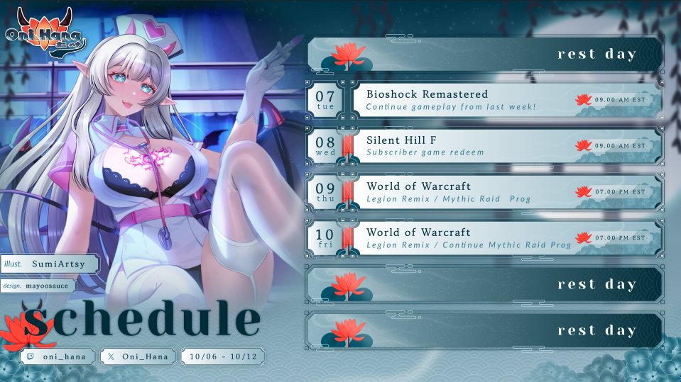 Stream schedule for this week is up! One of my subscribers redeemed Silent Hill F with their channel points last week, so it's about to get pretty scary over on Twitch. 👻💜🔗👇
twitch.tv/oni_hana