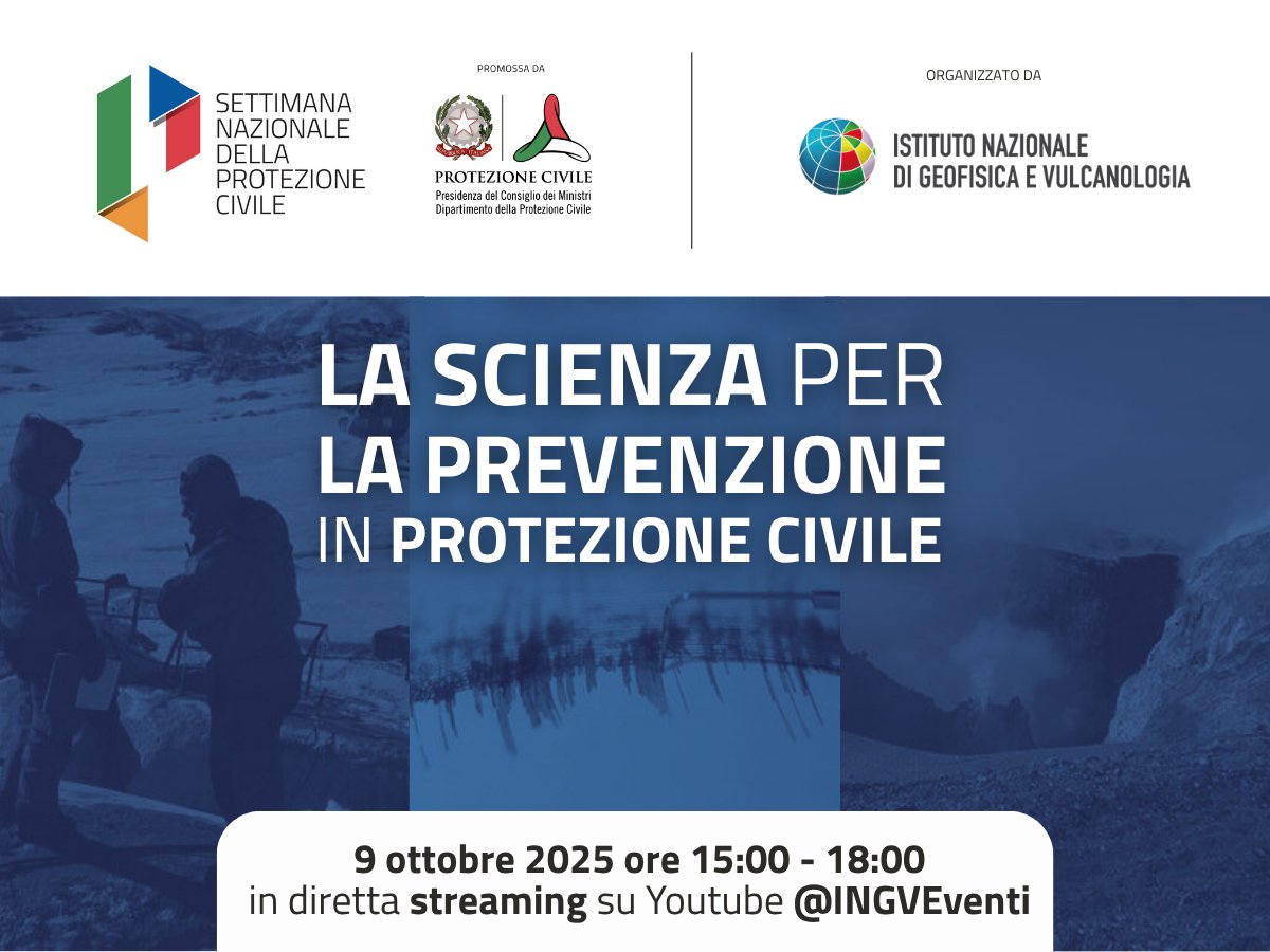 INGV_press's tweet image. L’INGV partecipa alla VII Settimana della Protezione Civile con una giornata sulla #Scienza per la prevenzione.
Giovedì 9 ott, h 15:00 collegamenti con le Sale Operative INGV (Napoli, Catania, Roma) e Sala Space Weather. 
youtube.com/@INGVEventi
ingv.it/stampa-urp/uff…