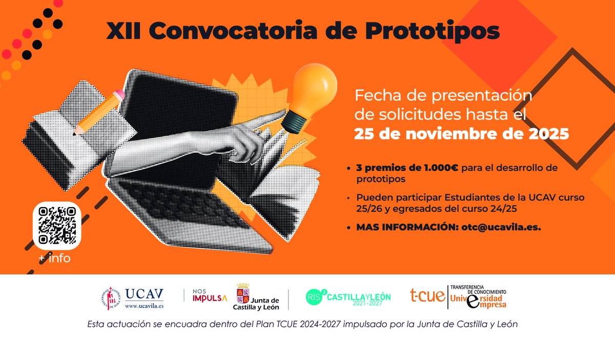 UCAVILA_'s tweet image. ¡Tu idea puede hacerse realidad! 💡

XII Convocatoria Prototipos orientados al mercado

✅ 3 premios de 1.000€
✅ El plazo abierto hasta el 25 de noviembre

ℹ️Info. 👉 f.mtr.cool/padqulxzvr

#TCUE