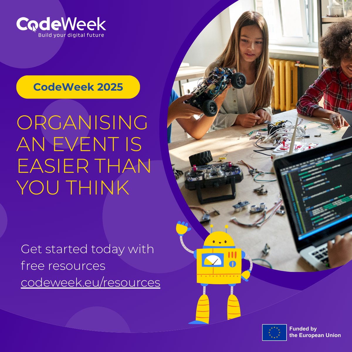 CodeWeekEU's tweet image. Organising your #CodeWeek activity is simple! 🚀

1️⃣ Pick a format
2️⃣ Choose your audience
3️⃣ Plan with the Guide → codeweek.eu/guide
4️⃣ Register on the map
5️⃣ Share &amp;amp; inspire 🌟

Ready to join? 💡💻

#Coding #DigitalCreativity